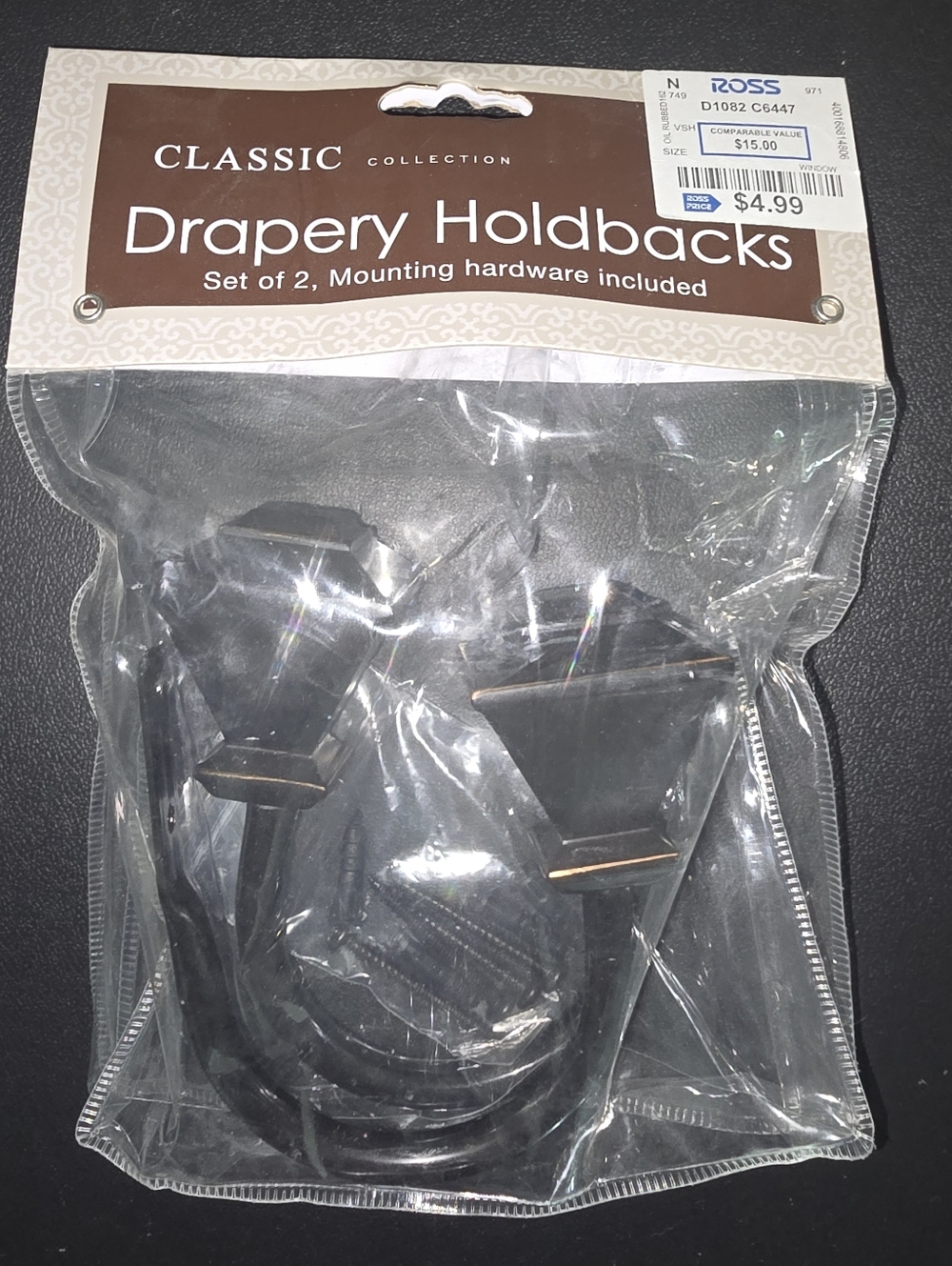 NWT Classic Collection Drapery Holdbacks - Set of 2 - Black/Bronze Accent